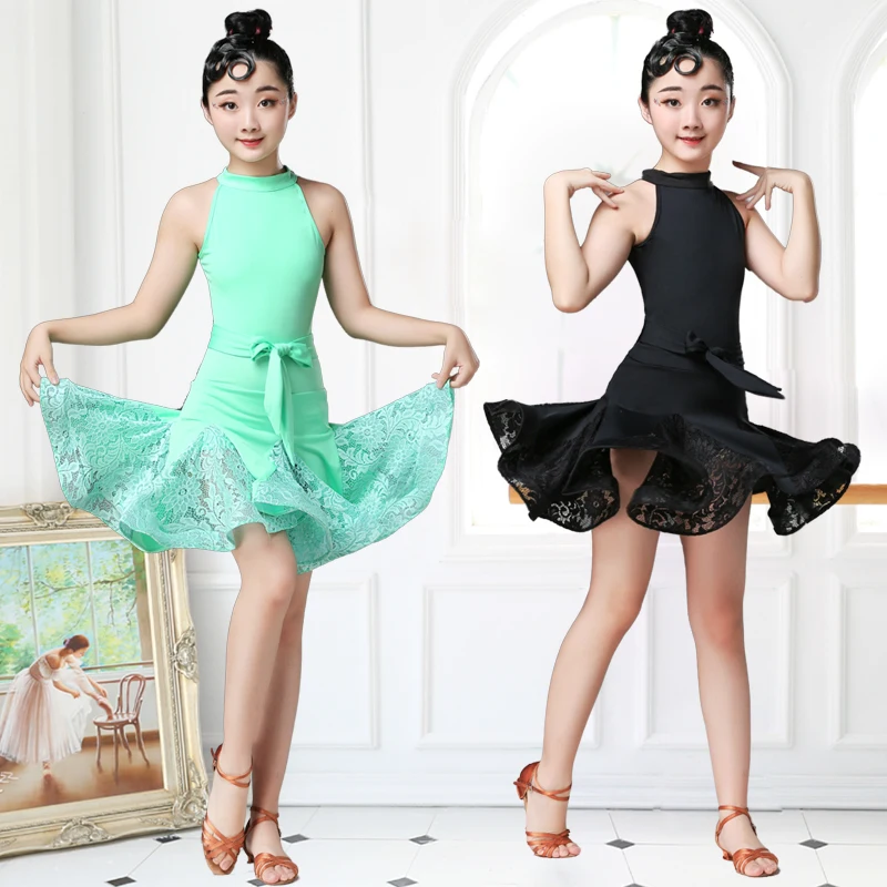 2019 New Children'S Latin Dance Dress For Girls Sexy Lace Black Green Sleeveless Ballroom Performance Dancing Dresses DL3604 |