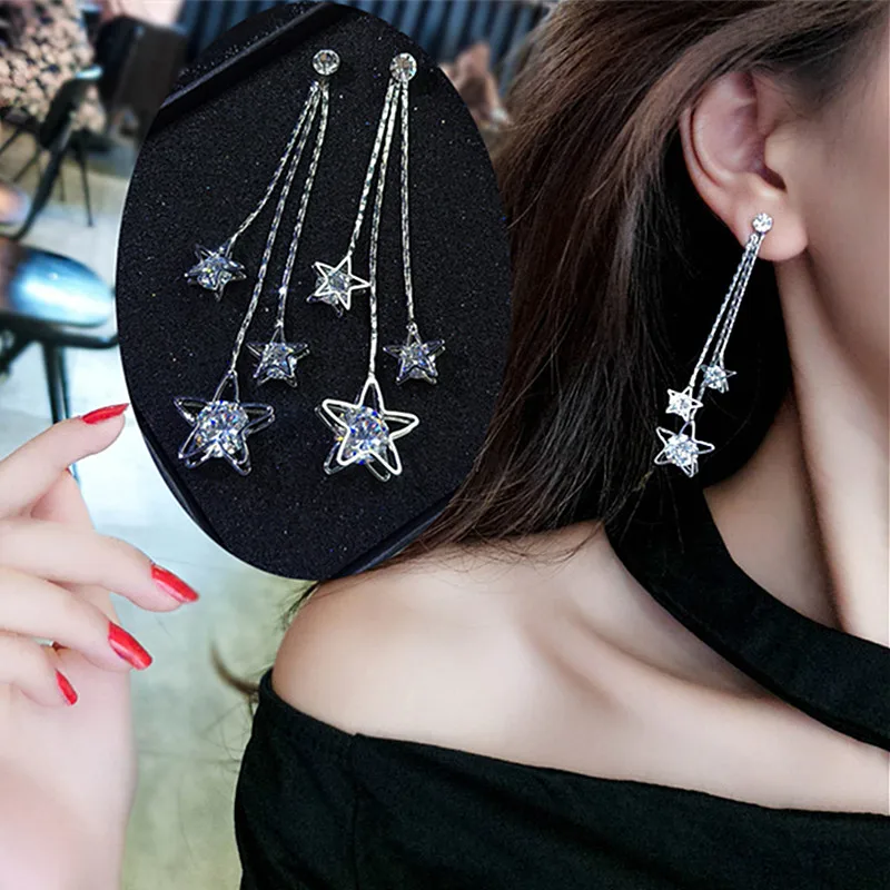 Stylish Gold Color /Silver Star Tassel Long Crystal Earrings Shiny Zircon Temperament Brincos Women Girl Jewelry Gift | Украшения и