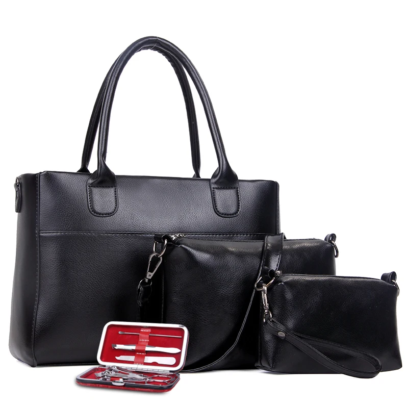 

2018 New High Quality PU Leather Handbags Ladies Shoulder Bag Fashion Women Composite Bag Female Messenger Bags 3 Sets+Nail Bag
