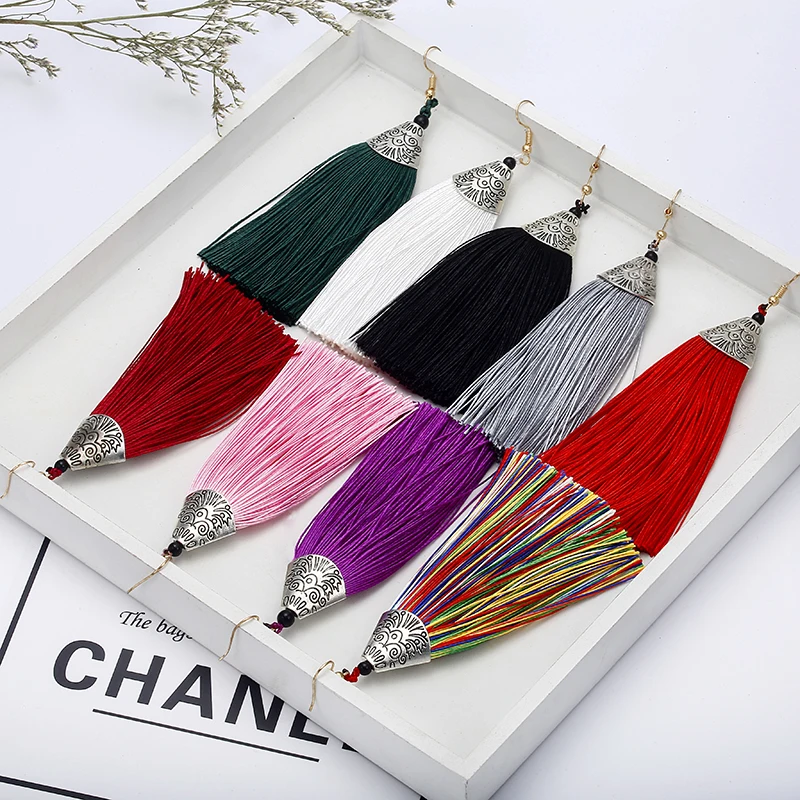 Винтаж в богемном стиле длинная шелковая бахрома серьги Для женщин горный