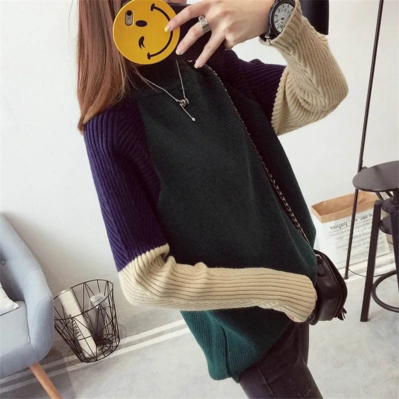 2017 Women's Autumn Winter Street Style V-Neck Knitted Sweater Color Block Coat Woman Patchwork Loose Pullovers Girl Sweaters | Женская