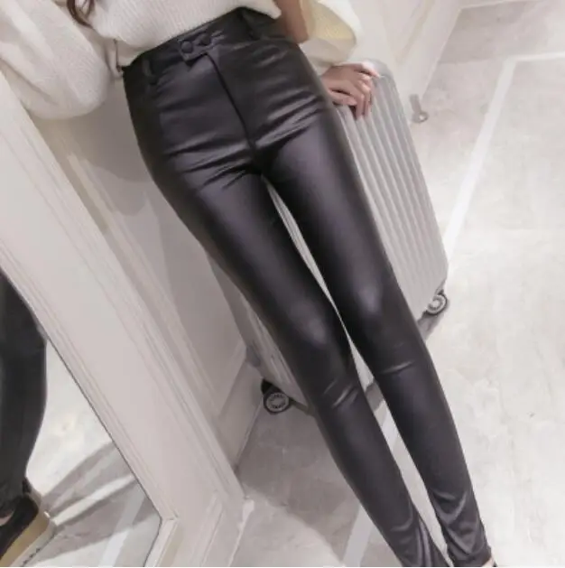 Женские кожаные брюки с высокой талией глянцевые эластичные Блестящие Брюки