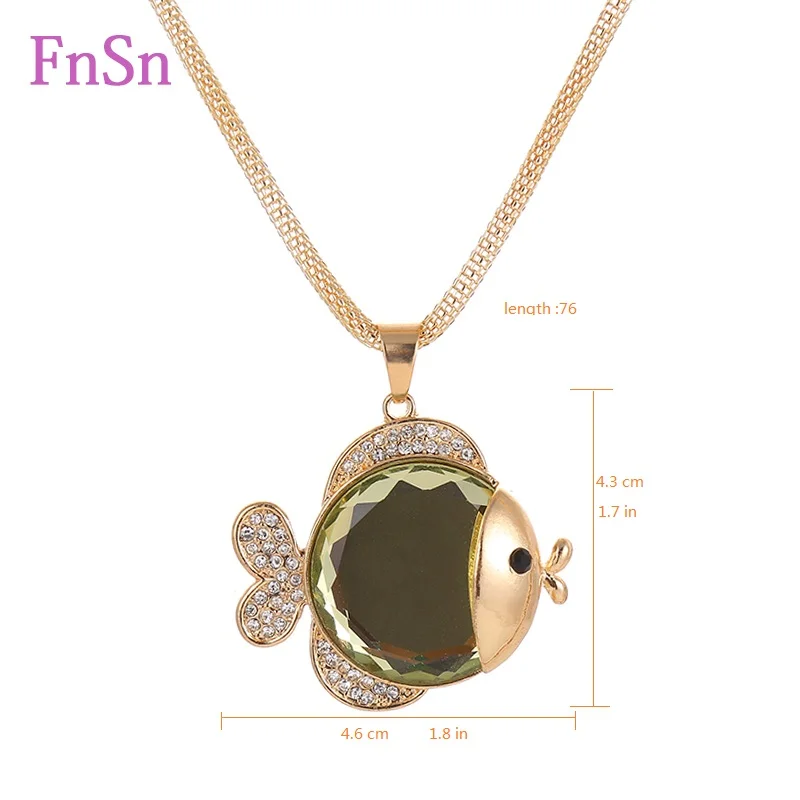 Женское ожерелье с подвеской длинное золотого цвета кристаллом в виде рыбы|necklace