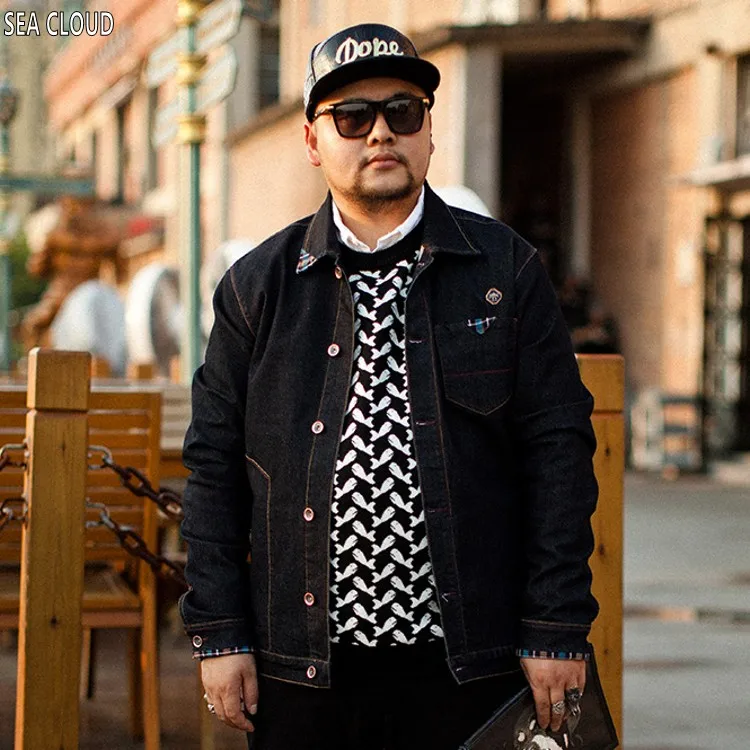 

82 spring Plus size Turn-down Collar men clothing male Single Breasted black denim jacket M-8XL chest 152 cm coat