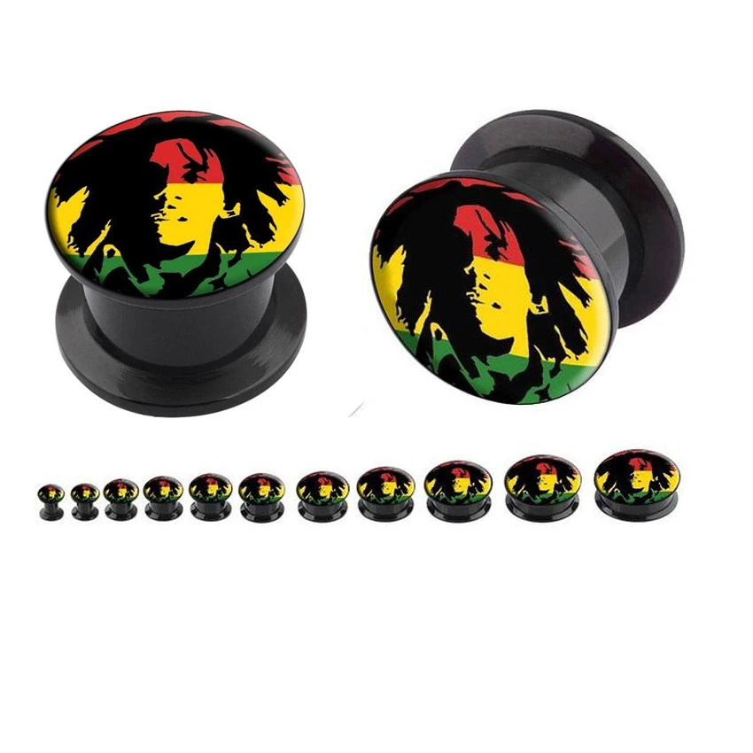 1 пара распродажа Rasta Bob Marley акрил логотип штекер уха датчики плотно привинченная