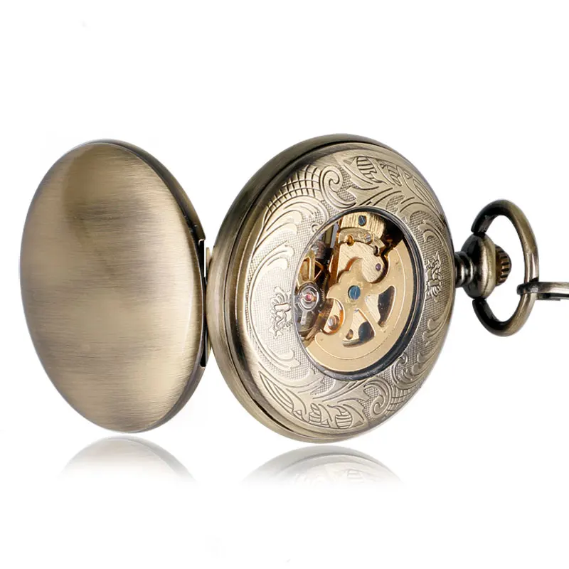 Stylish Copper Pocket Watch Automatic Mechanical  Smooth Face FOB Watches Noctilucent Roman Numerals Bronze Analog Gift Items