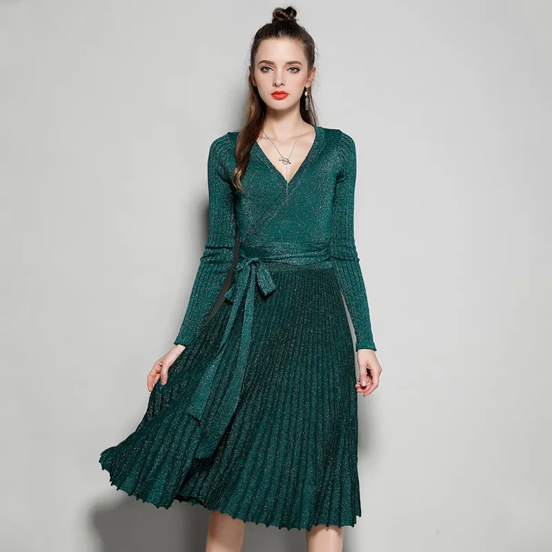 Женское трикотажное платье осень-зима с длинным рукавом платья-свитера поясом