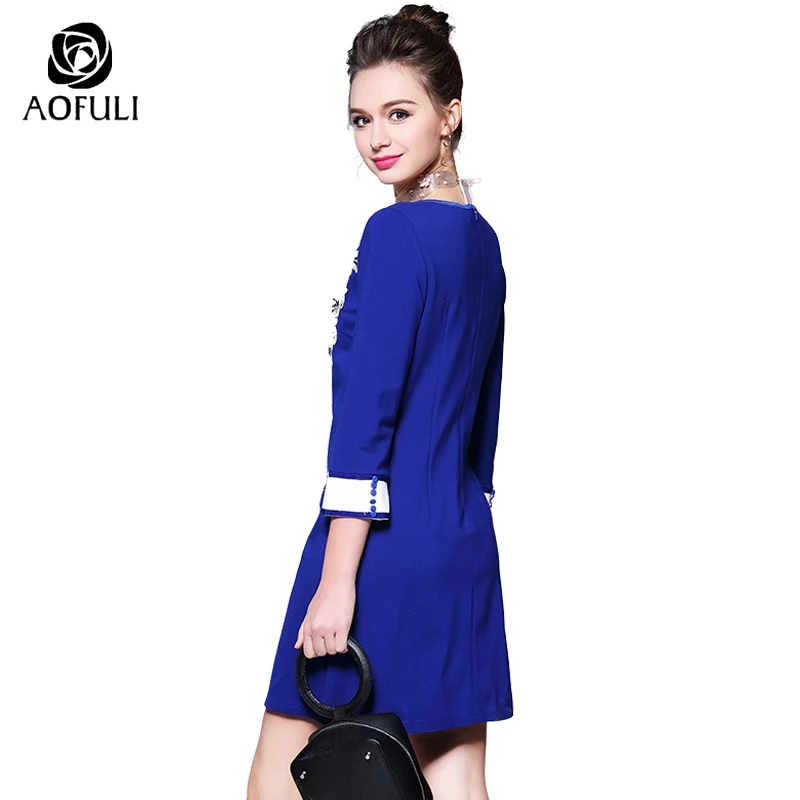 M~ 4XL Women Embroidery Dress With 3D Flowers Applique 3/4 Sleeves Short Retro Slim Casual Plus Size AOFULI B2751 | Женская одежда