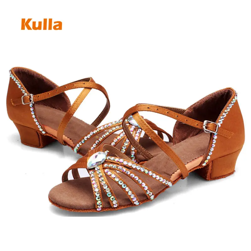 Rhinestone Girls Kids Latin Dance Shoes Ballroom Women Salsa Low-Heel 3.5cm Children Tango Practice Dancing Shoes zapato mujer