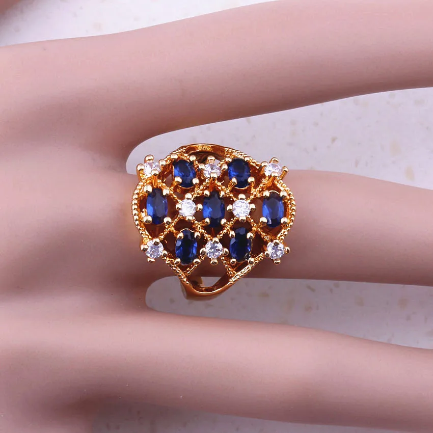 Завораживающий Синий Кристалл Кубический цирконий Желтое золото цвет кольца для