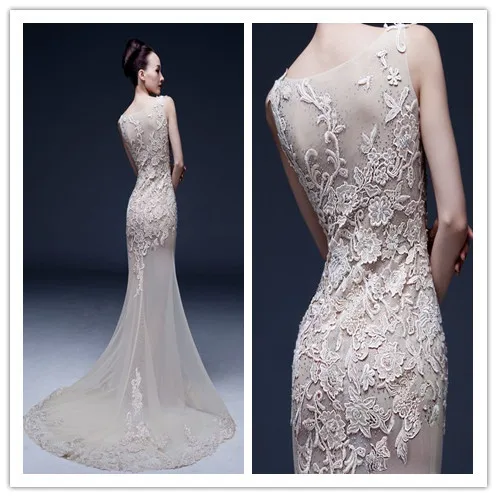 V-Neck Spaghetti Strap Button Lace Applique Mermaid Court Train Wedding Dresses 2015 Free Shipping | Свадьбы и торжества