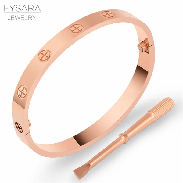 Rose Gold No Stone FYSARALuxury титановая сталь классические кристаллы Крест Браслеты для женщин и мужчин отвертка браслет Пара Золото Любовь Винт Браслеты - Окраска металла: Rose Gold No Stone