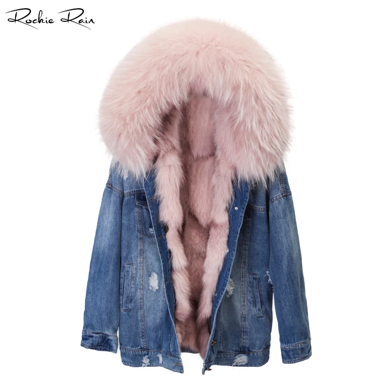 Для женщин Fox Fur Lined Denim парка пальто съемной меховой подстежкой Женская с длинным