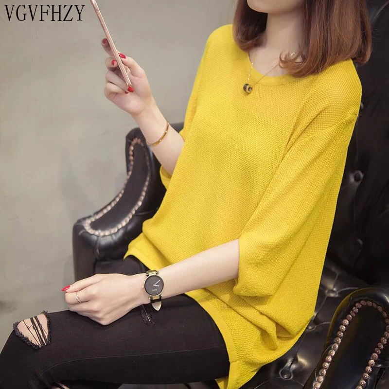 

High Quality Sweater Women Pullover Solid Knitted Sweater Top for Women Autumn Female Oversized bat sleeves loose hollow sweater