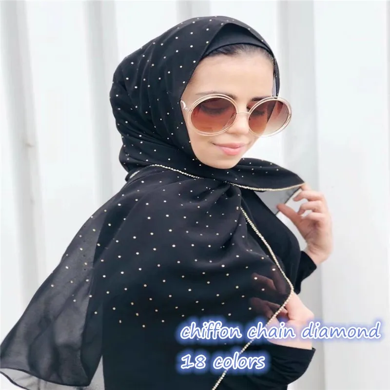 

Fashion luxury hot gold diamonds chains borders scarf women shawl plain solid chiffon bandana foulard hijab muslim wraps 10pcs