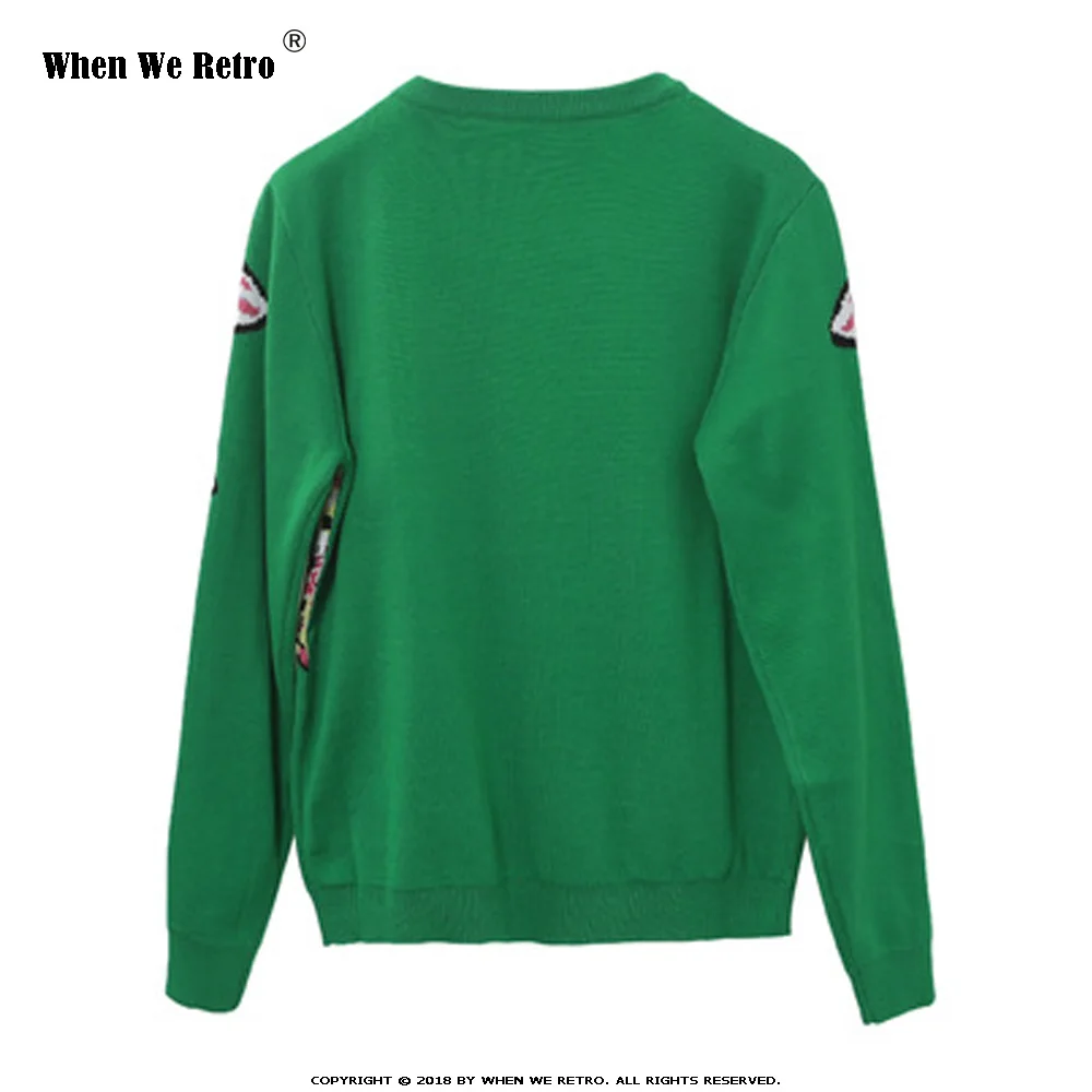 When We Retro Women Sweater Green Fashion Cartoon Fish Embroidery Female Knitted Tops Long Sleeve Ladies O-neck Pullovers YC21 | Женская