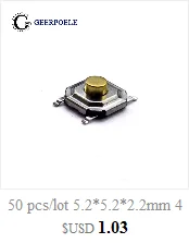 50 шт./лот 5,2*5,2*2,3 мм 12V 0.5A 4 Pin SMT нажимная кнопка металла переключатель тактильные микро, тактовый сенсорный выключатель Медь прерыватель