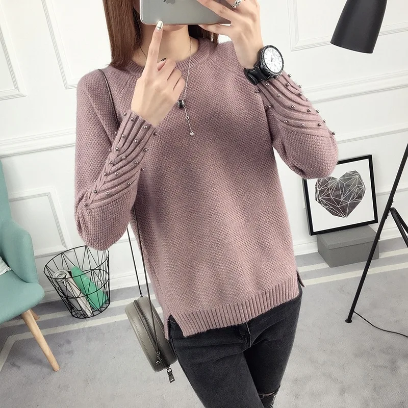 2019 New Winter Sweater Women Beading Long Sleeve Knitting Casual Autumn Elegant Split Pullover | Женская одежда