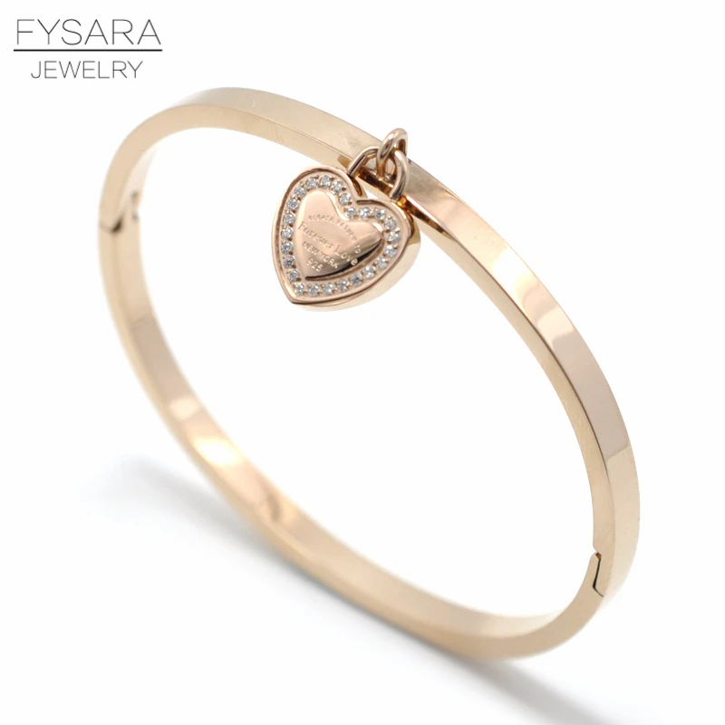 FYSARA классический бренд Forever Lover Heart Lock браслеты для женщин ювелирные изделия из нержавеющей стали золото AAA Цирконий Crystasl Tag Bangles