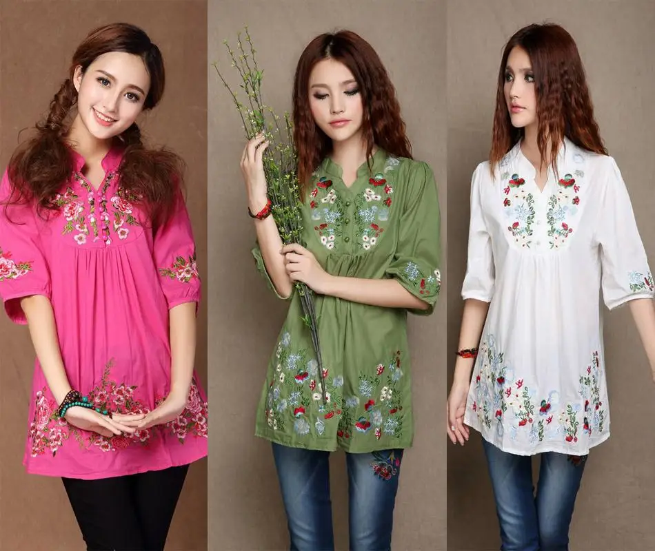 Блузка женская хлопковая с вышивкой Повседневная Длинная стильная рубашка
