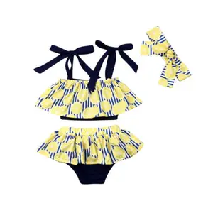 Летняя одежда для маленьких девочек из 3 предметов, жилет без рукавов на бретельках с лимонной полосой + юбка-шорты, 2019