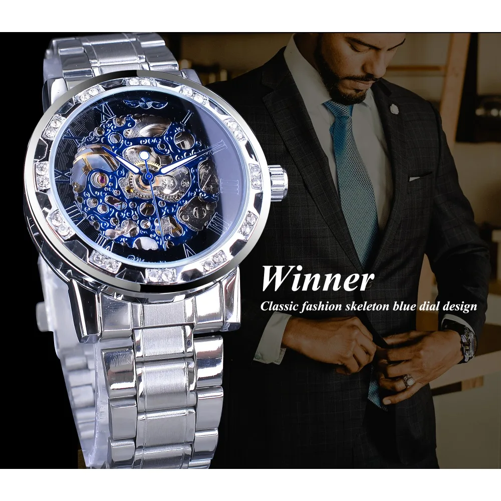 Часы Winner Blue с алмазным дизайном мужские механические наручные часы светящиеся
