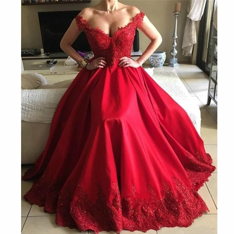Elegant Red Prom Gown Off the Shoulder Lace Appliques Evening Custom Made V-Neck Floor-Length Vestidos Formal Party Dresses | Женская