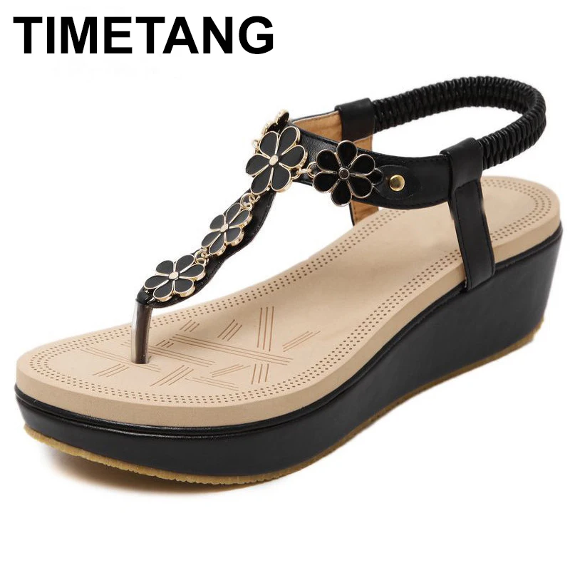 TIMETANG/Модные женские босоножки; летние женские босоножки на танкетке; вьетнамки на платформе с кристаллами и цветами; повседневная женская обувь на высоком каблуке