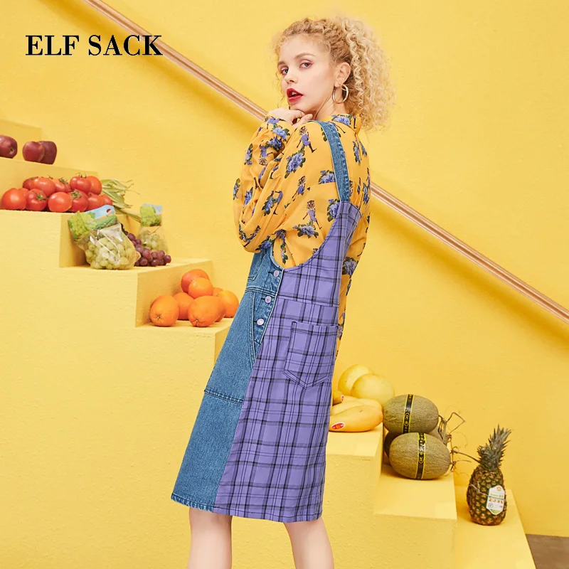 ELFSACK, новинка весны, женское платье на бретелях, повседневное, хлопок, прямое, до колена, женское платье большого размера, пэчворк, женское платье в клетку