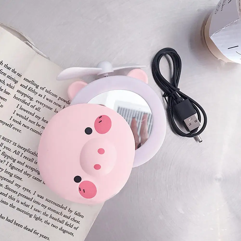 Open eyes HobbyLane 1pcs Portable LED Cartoon Pig Fill Light Makeup Mirror Fan Bright Adjustable USB Charging Portable Handheld Mini Fan - Цвет: Open eyes