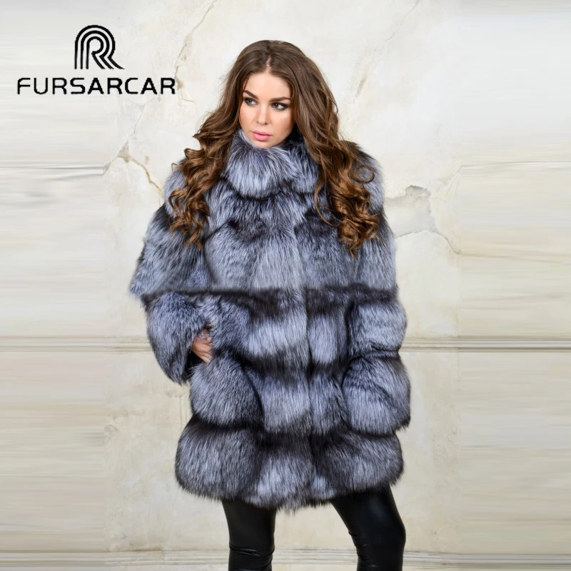 Женское меховое пальто FURSARCAR роскошное толстое теплое из меха серебристой лисы с