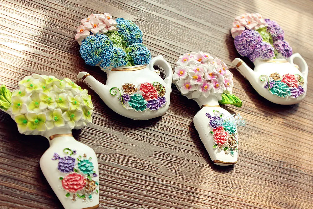 Гортензия цветы в вазе ручная роспись 3D Смолы Декоративный магнит на холодильник