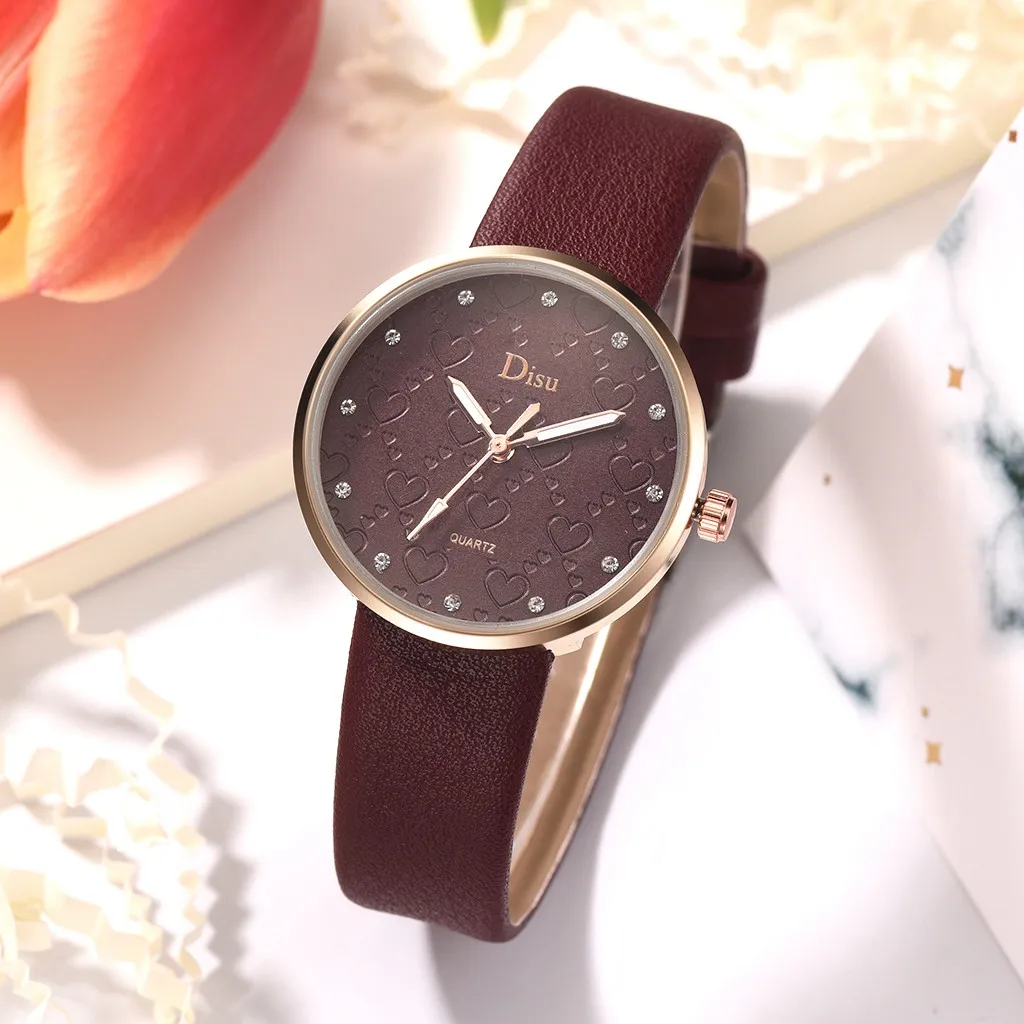 Disu Fashion Top Brand Lady Watch Frosted Dial Heart Shape Pattern Leather Belt Women Clock Quartz Wrist Watches orologio donna | Наручные