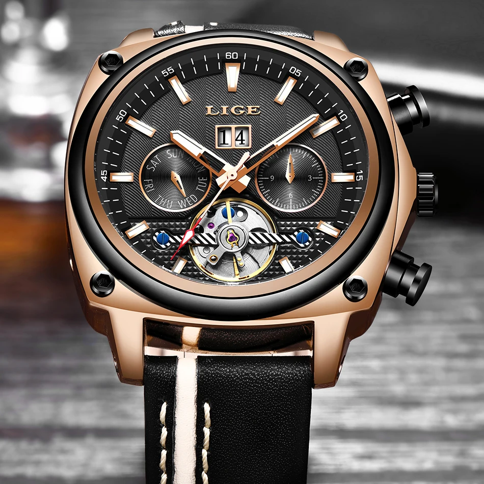 LIGE Брендовые мужские часы автоматические механические часы Tourbillon спортивные часы кожаные повседневные деловые часы в ретро-стиле Relojes Hombre