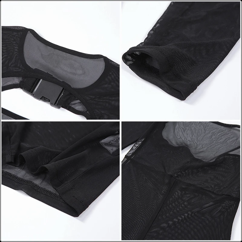 

Black See Through Sexy Mesh Playsuit Women Long Sleeve Backless Open Chest Bodysuit Nightclub Transparent Jumpsuit Slim Rompers