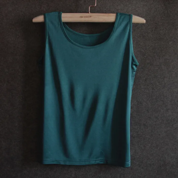 Dark green Шелковый трикотажный топ без рукавов для женщин, простые кофточки, летние рубашки, однотонный топ, модный стиль, разные цвета - Цвет: Dark green