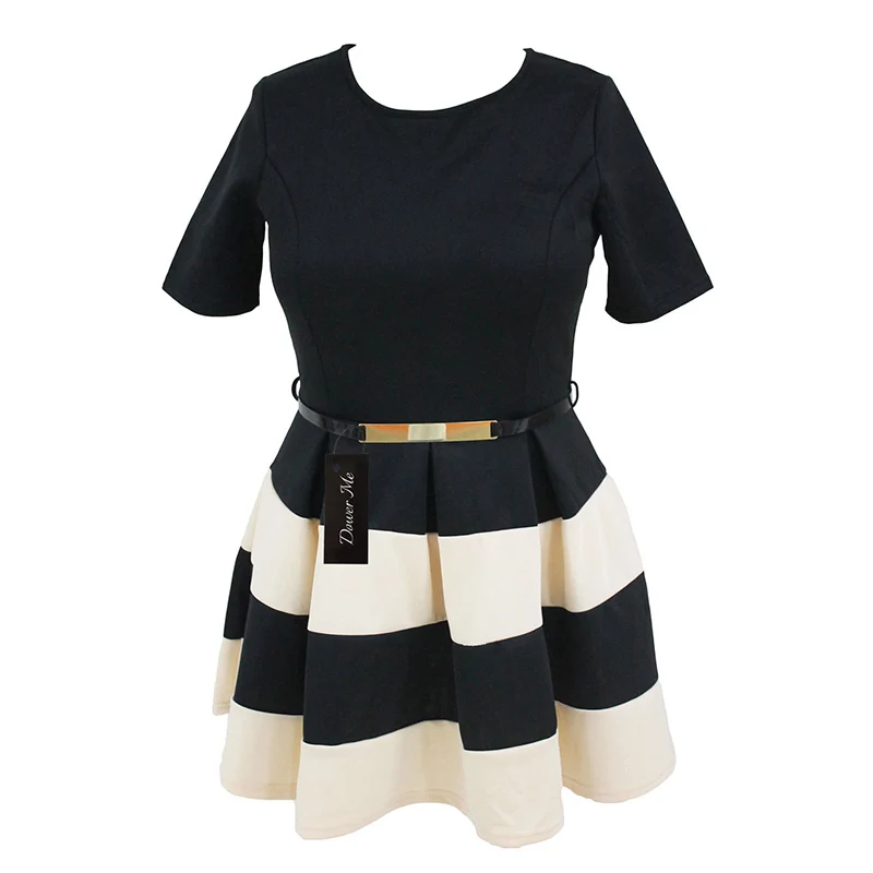 Одежда Для женщин Повседневное Летний стиль блок Striped Belted плюс Размеры