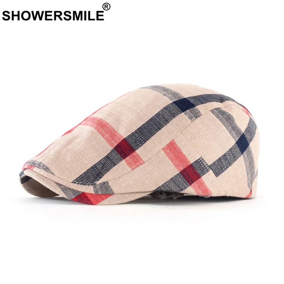 SHOWERSMILE, клетчатый мужской берет, хлопок, лен, красный цвет, плоская шапка, мужская, весна-осень, цветная шапка-Утконос, Классические Кепки для езды и кепки