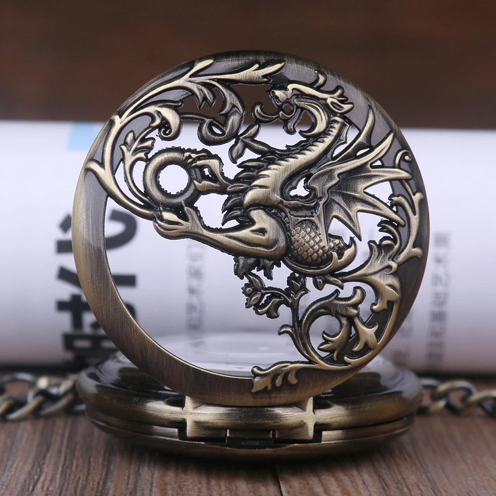 Bronze Western Dragon Hollow Steampunk Mechanical Pocket Watch Vintage Gentleman Necklace Pendant Fashion Accessories Clock