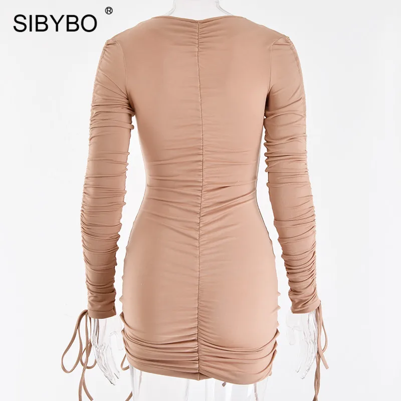 SIBYBO, Осеннее Плиссированное сексуальное мини-платье с длинным рукавом, модное облегающее Повседневное платье с v-образным вырезом, женские уличные облегающие вечерние платья