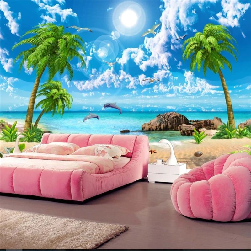 wellyu HD beautiful fantasy seascape coconut beach landscape TV background wall custom large mural green silk cloth wallpaper |