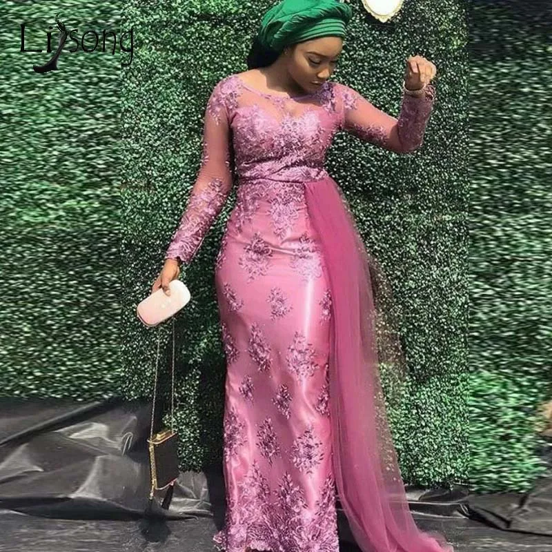 2019 Aso Ebi фуксия кружевные платья с юбкой-годе для выпускного вечера тюлем