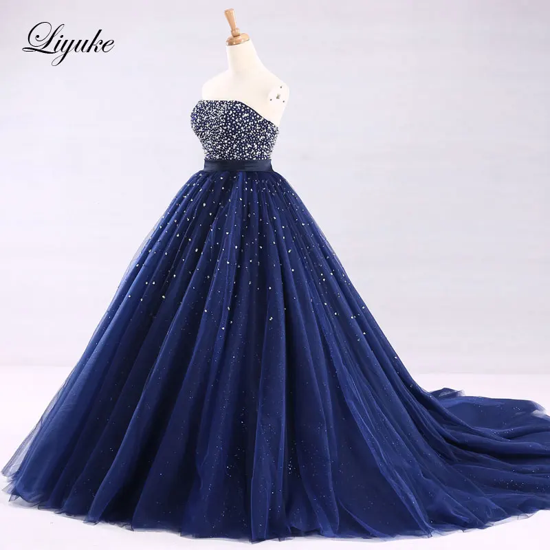 Liyuke выполненное на заказ блестящее тюлевое платье трапециевидной формы Quinceanera без бретелек королевское синее платье на шнуровке с открытыми плечами (art.: 3920cd3ba465c) - 3920cd3ba465c