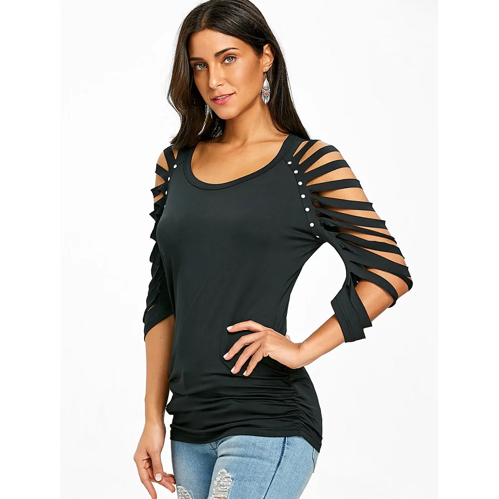 VESTLINDA футболка с глубоким круглым вырезом рваным рукавом реглан женская одежда