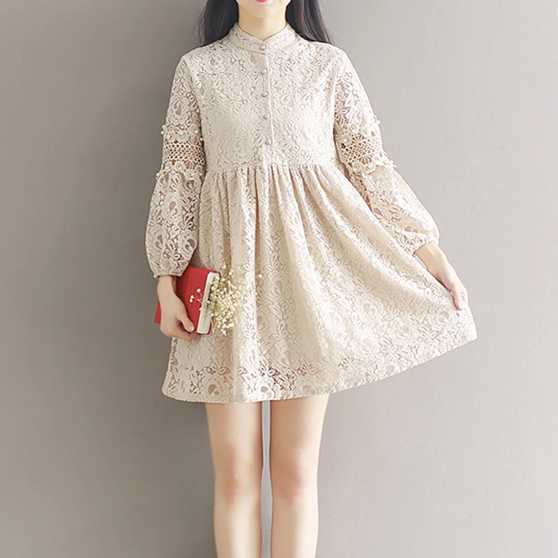 Новинка весны 2017 винтажное вязаное платье с кружевным воротником стойкой и