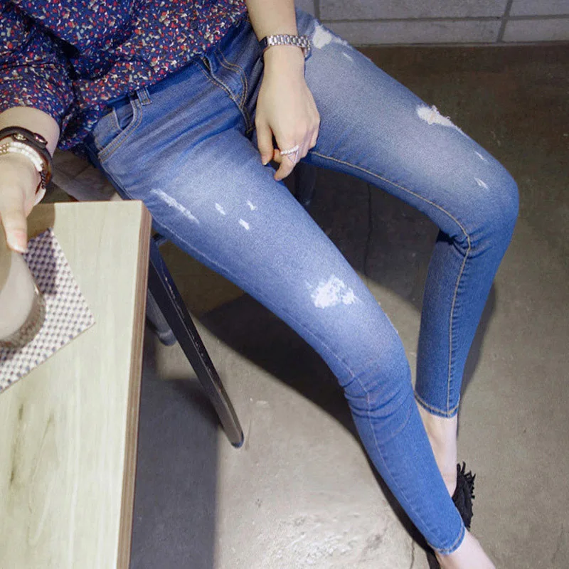 2016 Осень высокая талия Женщины Узкие Джинсы Летом Синий Стрейч Джинсовые Брюки