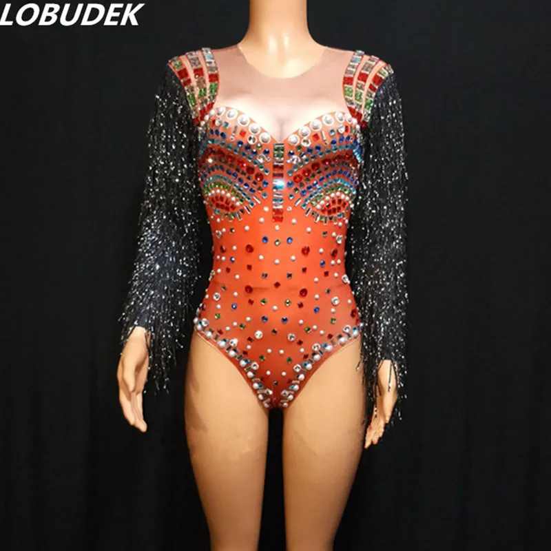 Black Tassel Sleeve Colorful Rhinestones Bodysuit Women Singer Stage Wear Sexy DJ Nightclub Performance Costume Crystal Bodysuit