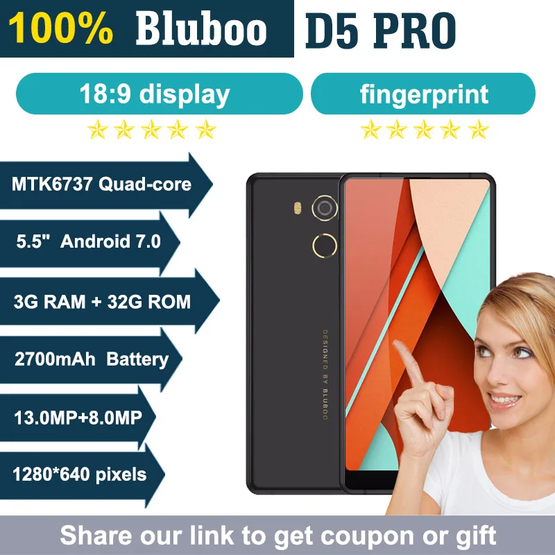 Оригинальный Bluboo D5 Pro смартфон 5 ''ips Экран MTK6737 4 ядра 3 GB Оперативная память 32 ГБ