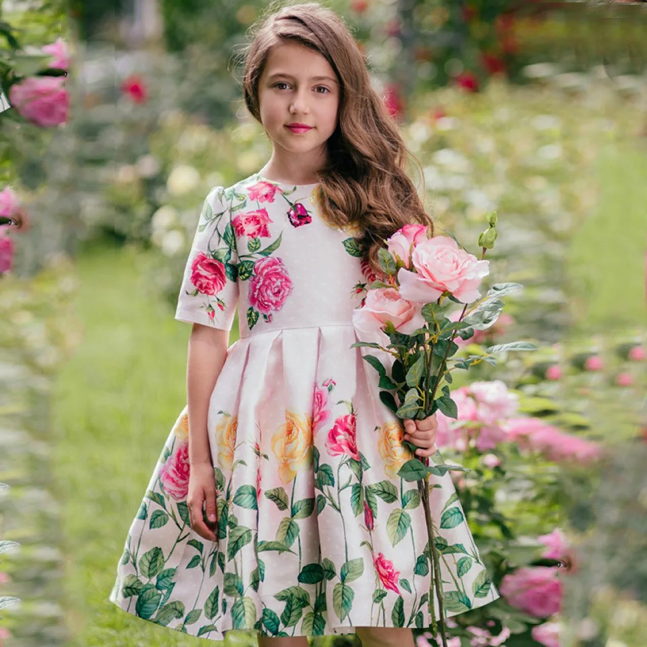 2019 Spring Autumn New Pretty Girl Dress Flower Pleated Satin Short-sleeved Print Dresses Girls Children Party | Детская одежда и