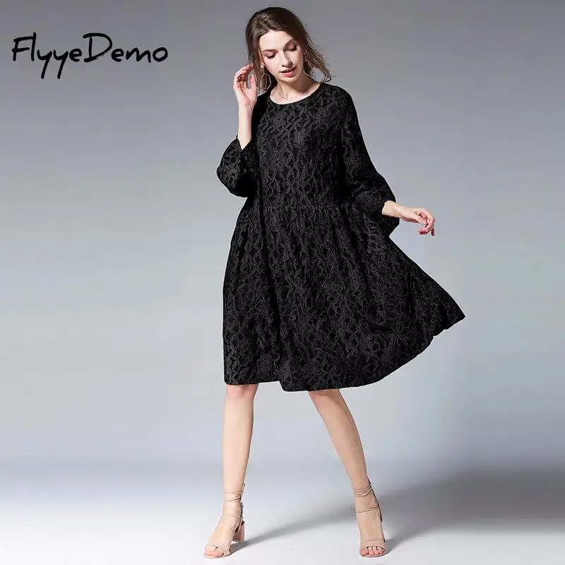 High Quality Loose Dress 2018 Summer Women Elegant Floral Lace Chiffon Knee Length Pleated Black Party | Женская одежда